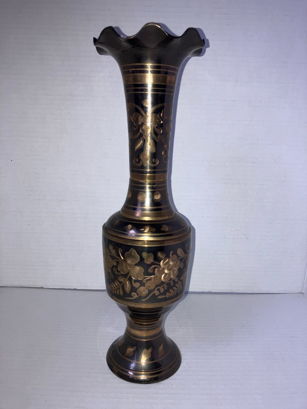 Vintage Brass and Black Floral Etched Vase Scalloped Top 13 Inch‎ 1970’s Decor